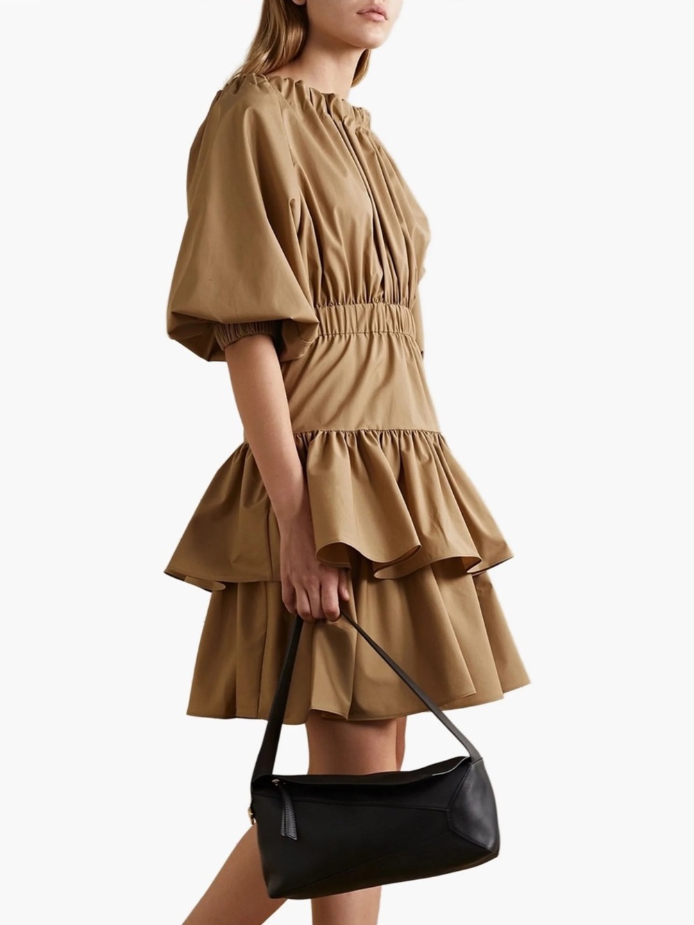 $500 NWT Jason Wu Camel Tiered Puff-Sleeve Mini Dress